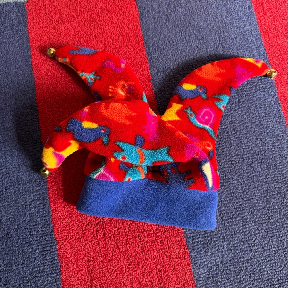 Vintage Polartec Fleece Jester Hat Kids Red Blue Animal Print Bells Beanie